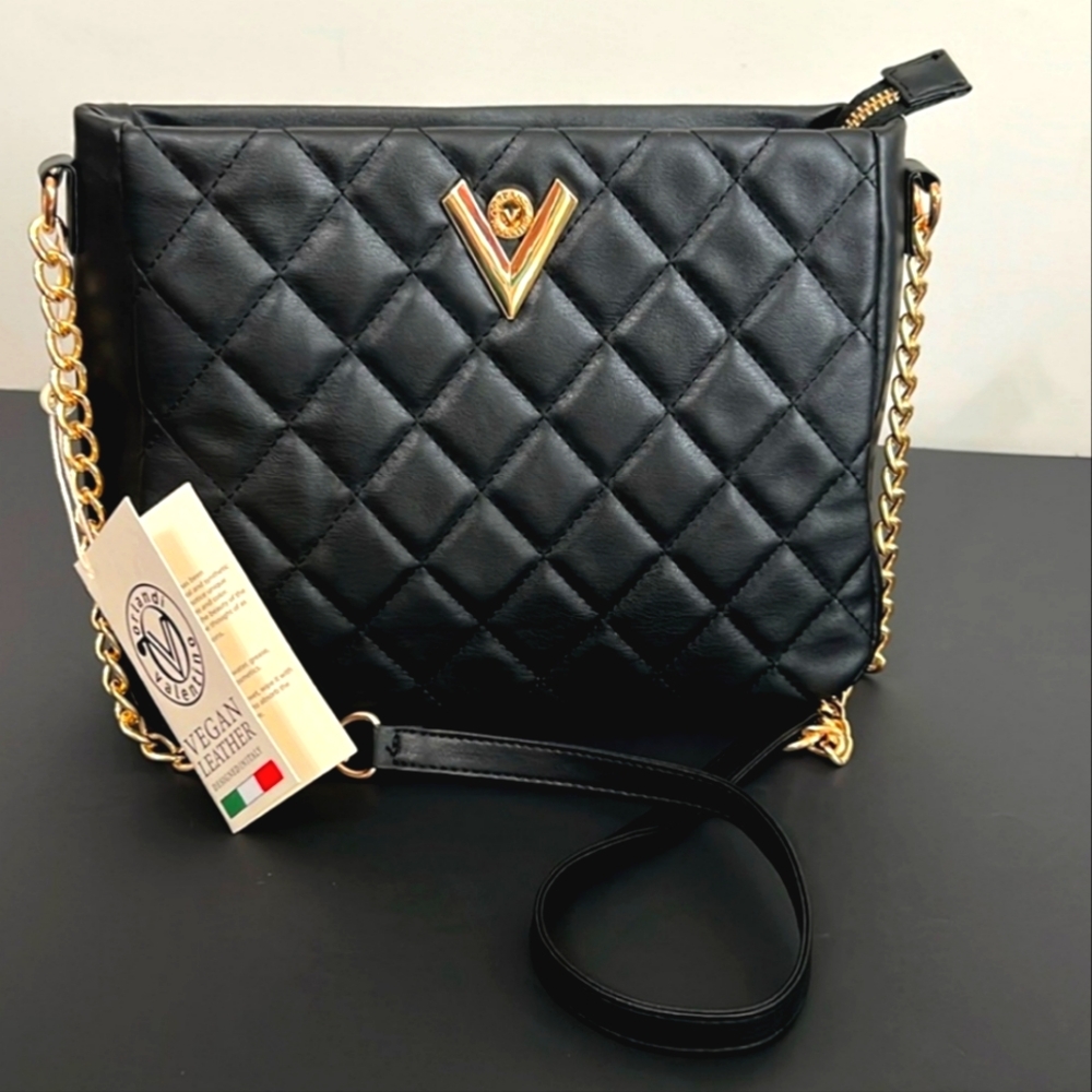 NWT Valentino Orlandi Quilted Black with Golden Hardware Adjustable Crossbody - Picture 4 of 5